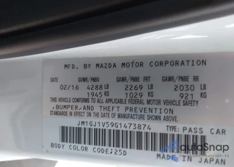 2016 Mazda Mazda6 I Touring z USA, uszkodzony, nr VIN JM1GJ1V59G1473874